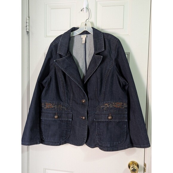 Venezia Denim Blazer Jacket Womens Plus 18 20 Blue Dark Wash Embroidered Pockets - Picture 1 of 9
